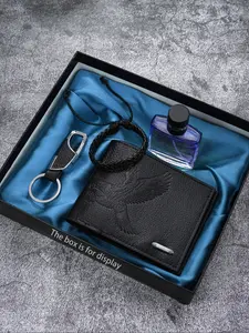 Men's Gift Set: Eagle Embossed Wallet, Keychain, Perfume, Woven Bracelet, Durable and Stylish, Perfect for Daily Use or Holidays