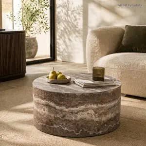 ARCH Cave Stone Patterned MDF Round Coffee Table, 23.6in Diameter x 11.8in Height, Industrial & Minimalist Living Room Indoor Furniture