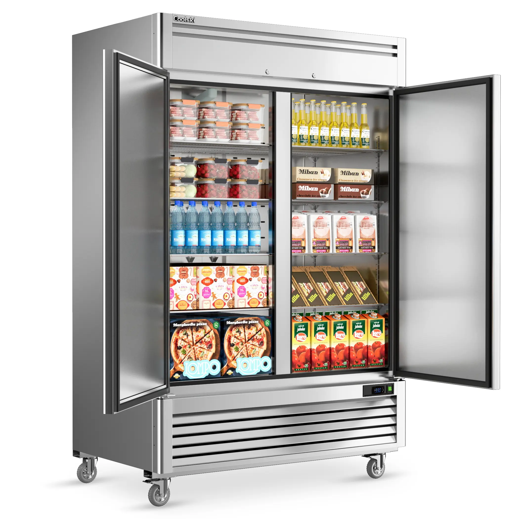 Coolski 54"W 2 Door Commercial Refrigerator, 49 Cu.ft Stainless Steel Reach-in Fridge Solid Door Upright Fan Cooling 2 Section Refrigerator