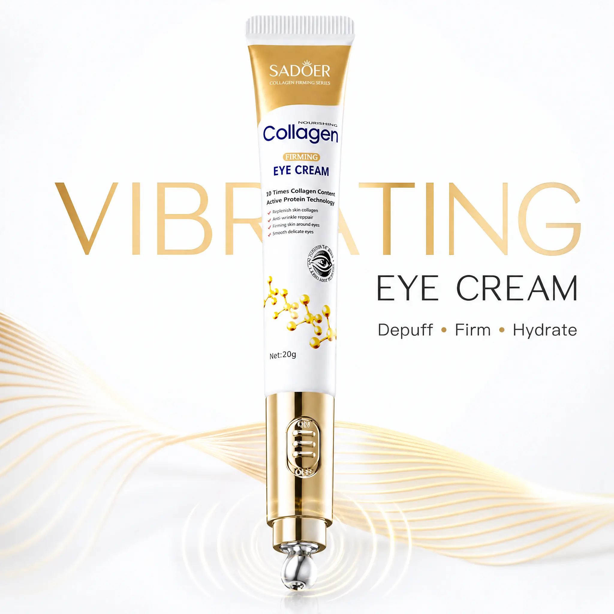 Vibrating Eye Cream with Cooling Massage Head | Depuff, Hydrate & Refresh Tired Eyes | Collagen Eye Care