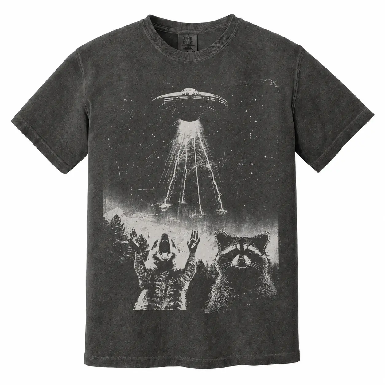 Comfort Colors Vintage Raccoon and Badger UFO Abduction Graphic Tee, Retro Space Alien Abducted Animals T-Shirt