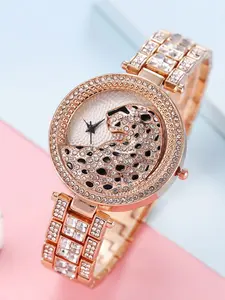 Unisex Leopard Quartz Watch, Rhinestone Analog Dial, Metal Case, Fashionable Party Accessory, Perfect Gift for Him & Her