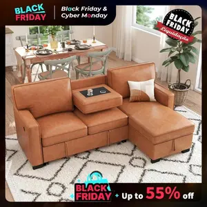【[TikTokShopBlackFriday]】EBELLO 3 in 1 Convertible Sofa Bed, Modern Faux Leather L Shaped Sofas for Living Room, Pull Out Modular Couch Bed with Storage Space, USB Ports and Cup Holders