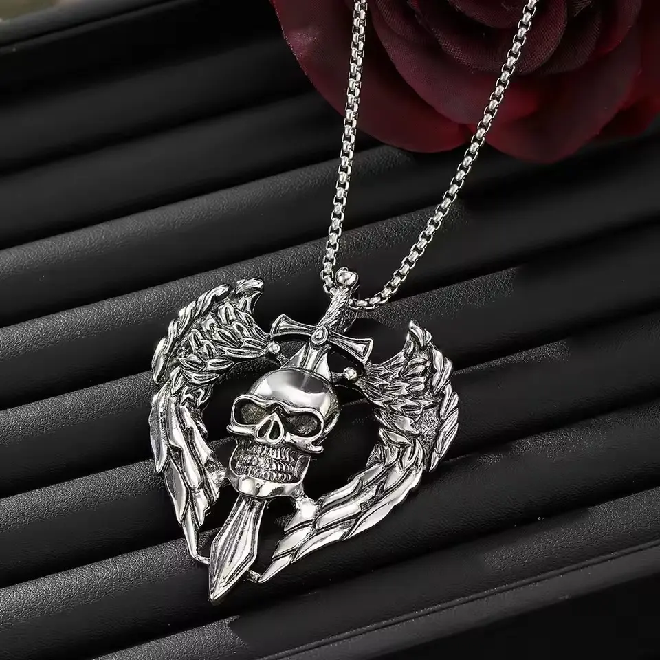 Gothic Winged Skull & Sword Pendant Necklace, Antiqued Silver Biker Statement Chain