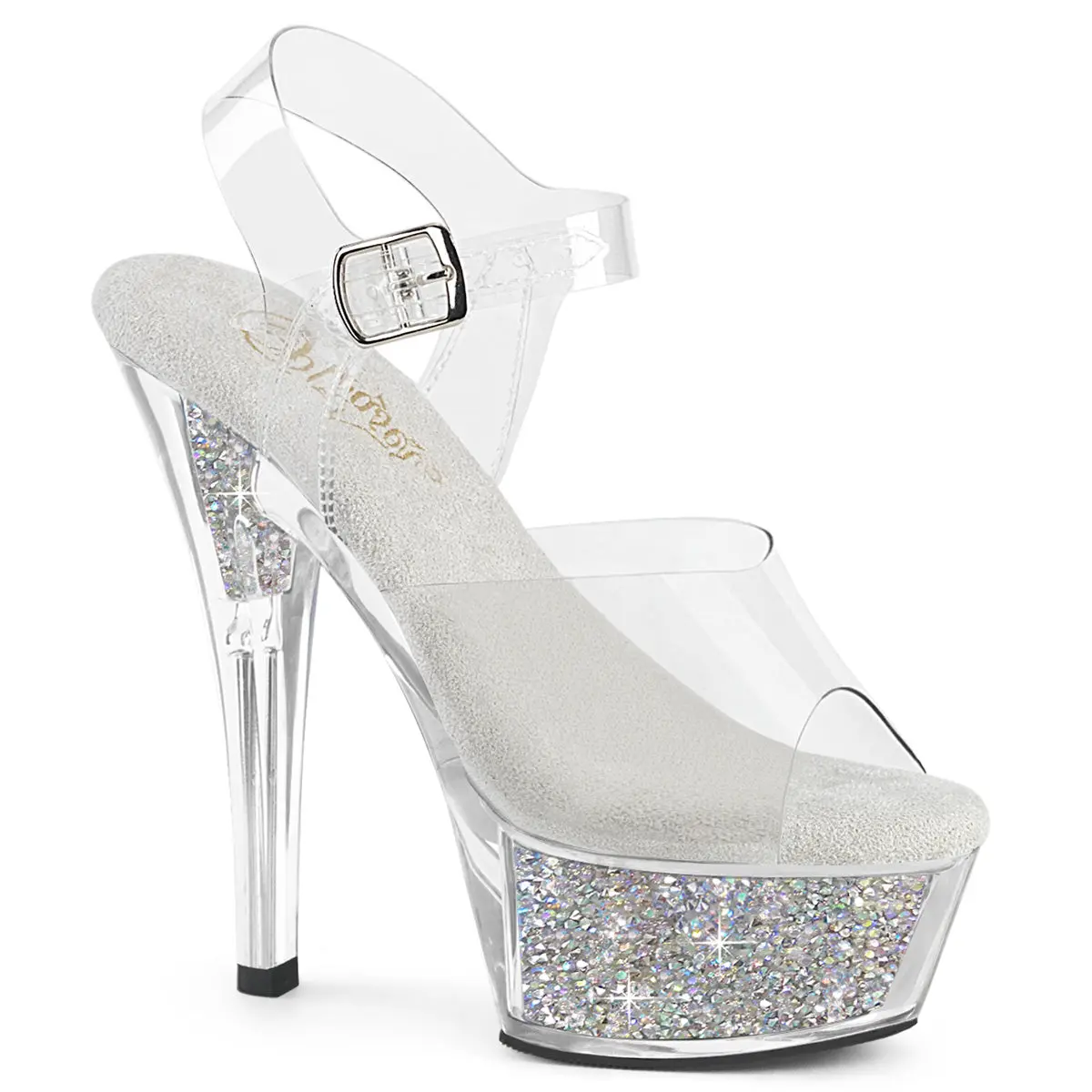 Pleaser Shoes Kiss-208RSI Women's Elegant Open Toe Stiletto High Heels - Clear/Silver Rhinestone Platform, Prom Footwear, All-Season Shoes