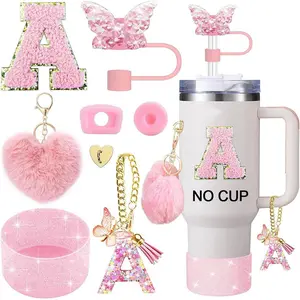 8pcs Cup Accessories for Stanley Cup 30oz 40oz Includes Butterfly Straw Cover Cap Silicone Boot Alphabet Handle Charm Initials Sticker 2pcs Spill Proof Stopper Heart Hook Love Plush Ball Tumbler Straw Lid Perfect for Thanksgiving