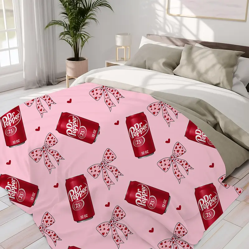 Dr Pepper Original Flavor Traditional Print Soft Warm Stylish Multi Purpose Flat Velvet Throw Blanket - Pink Bow-Red Heart Graphic, Plush Thin Quilt for Bedroom Bedding, Office Use, Holiday Gift, Multi Purpose Blanket
