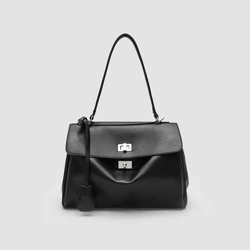 Women Slouchy Shoulder Bag Black Leather Kelly Tote Large Capacity Work Purse Turn Lock Crossbody Satchel Quiet Luxury Underarm Handbag Everyday Commute Top Handle Bag