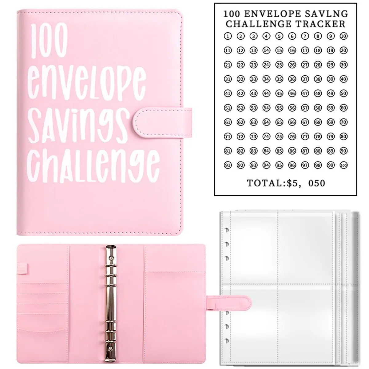 100 Envelope Challenge Budget Binder – PU Leather A5 Book with Tracker & Envelopes – Fun & Effective Savings System