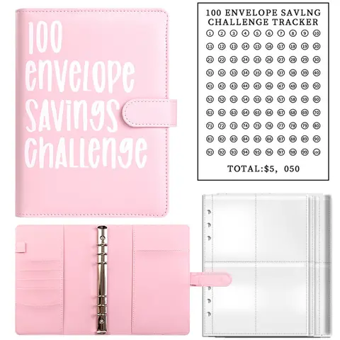 A5 Size PU Leather Budget Binder Organizer - 100 Envelope Savings Challenge Planner, 25 6-Hole Transparent Envelope Pages, Tracker, Card Slots for Adult Budget Tracking, Financial Goals (Office Stationery Notebook) - Ideal for Birthdays