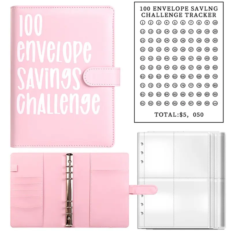 A5 Size PU Leather Budget Binder Organizer - 100 Envelope Savings Challenge Planner, 25 6-Hole Transparent Envelope Pages, Tracker, Card Slots for Adult Budget Tracking, Financial Goals (Office Stationery Notebook) - Ideal for Birthdays