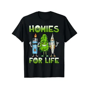 Funny Homies for Life 420 Culture T-Shirt - Cartoon Joint Characters & Leaf Design, Loose Fit Short Sleeve Round Neck Casual Tee for Parties, Outdoor Activities - All-Season Comfort Fit, PLUS SIZE