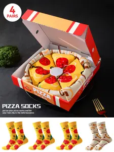 4 Pairs Fun Colorful Striped Pizza Socks, Vegetable Fruit Print Gift Box, Spring Summer New, Unisex Fashion Mid-Calf Socks