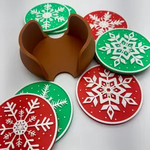 Christmas Holiday Coaster Set with Snowflake Design in Red Green & White Colors Colorful Tableware for Festive Gatherings