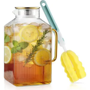 1 Pack 1 Gallon/128 oz Square Pitcher with Lid & Brush, Thickened Borosilicate Carafe for Hot/Cold Drink, Large Jug with Handle for Iced Tea, Juice, Lemonade