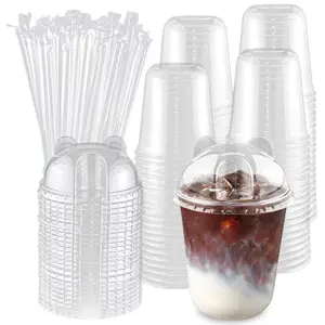 20/50 Disposable Transparent Plastic Clear Cups with Panda Lids and Straws, Easy Grip Design, Perfect for Ice Coffee, Milk Tea, Smoothies