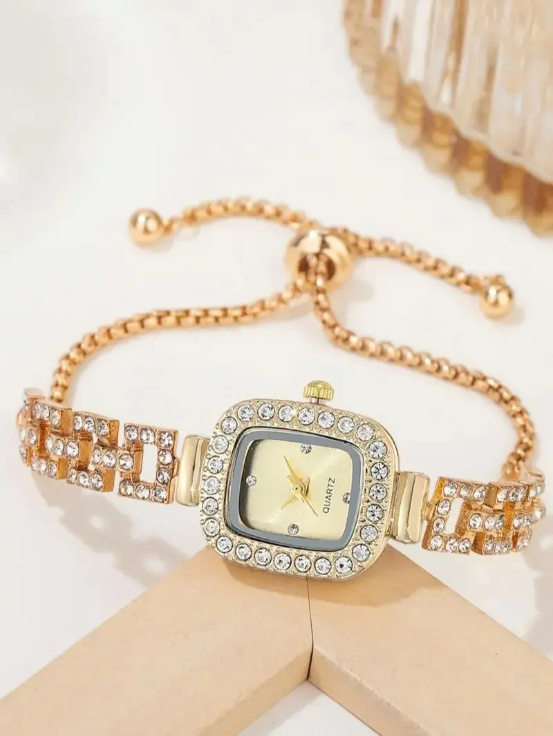 Women's Square Quartz Watch, Dainty Crystal-Studded Wristwatch with an Elegant Sparkling Bezel, Adjustable Strap for Everyday Wear, Women's Fashion, Crystal Studded Quartz Watches, 22Mm, Analog Dial, Durable, Glamorous Fashion Women's Watches