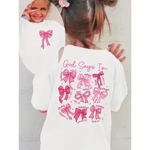 Summer Fashion Short-Sleeve Double-Sided Print T-Shirt for Girls That Says 'I'M Unique Valued' with a Bow And Letter Elements, Featuring a Cartoon Print, Perfect for Casual Wear