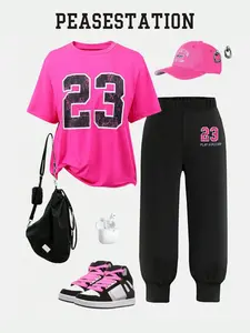 2-Piece Set Short Sleeve, Trendy Loose Fit, Slimming Casual Wear, Perfect for Teenagers, Fashionable and Versatile