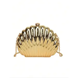 Elegant shell-shaped evening bag for women, exquisite metal frame chain shoulder bag, stylish party decorative clutch bag, crossbody handbag