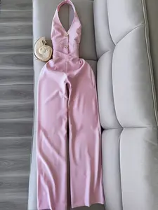 Elegant Women's Sleeveless Halter Waist Cinched Wide Leg Jumpsuit, Young Ladies Fashion, Stylish and Comfortable One-Piece