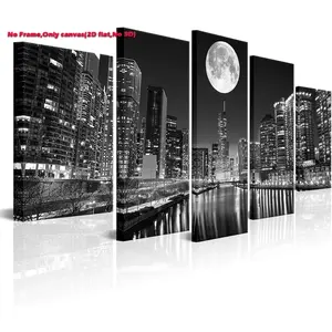 2D falt Unframed wall deocr,5 Panel Chicago Skyline Wall Art Cityscape at Moon Night Picture Canvas Prints Artistic Modern Black and White City Painting for Home Office Living Room Decor Framed Artwork ,NO framed, Decoration, Moon Sign Home Decor