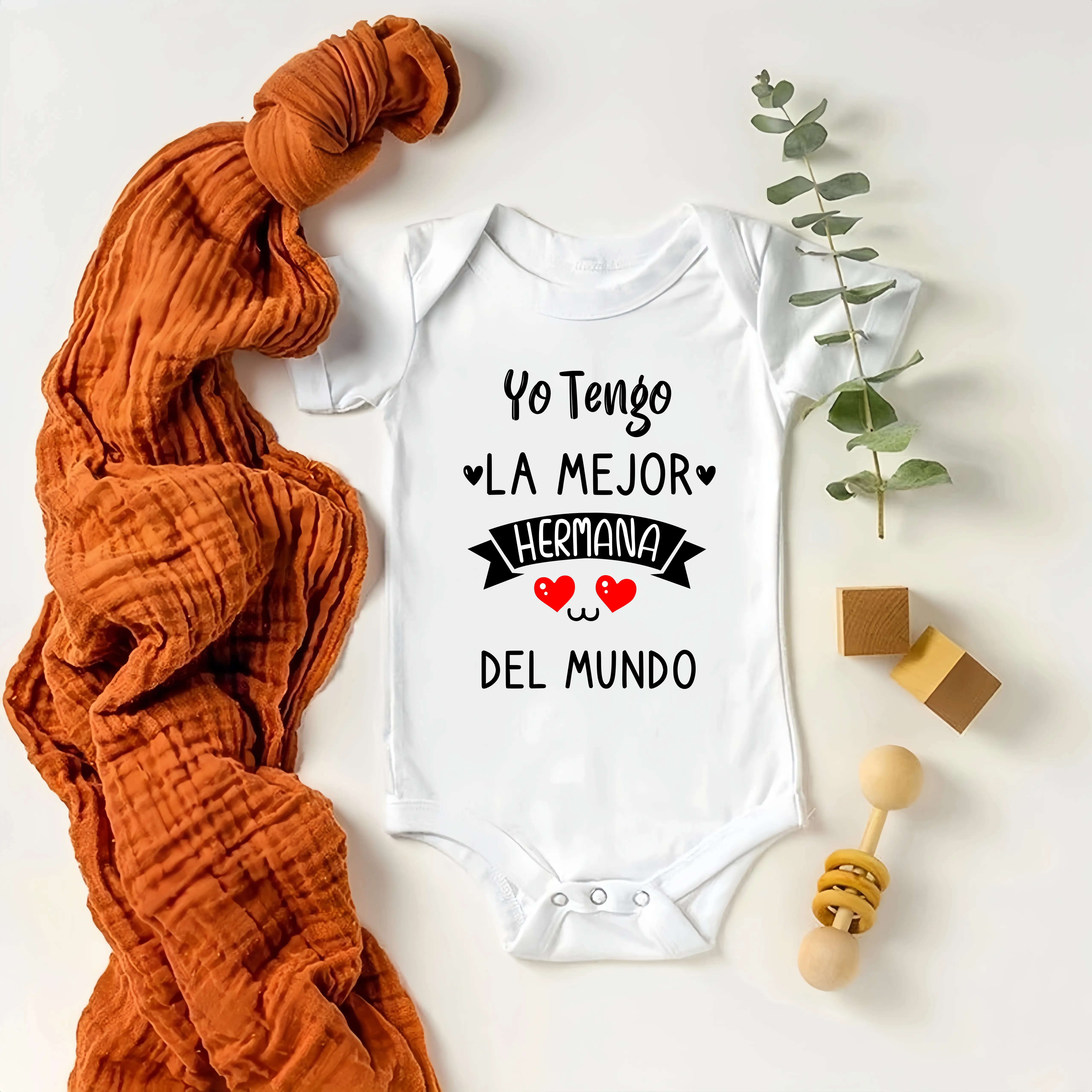 Kids' Spanish Text "I Have The Best Sister in The World" 100% Cotton Short Bodysuit - Baby Clothing, Skin-Friendly Crew Neck Romper, Newborn/Toddler Top, Infant Shower Gift, Fitted, Snap Buttons, Envelope Neck, Slight Stretch, All Seasons Soft Wear, Cute