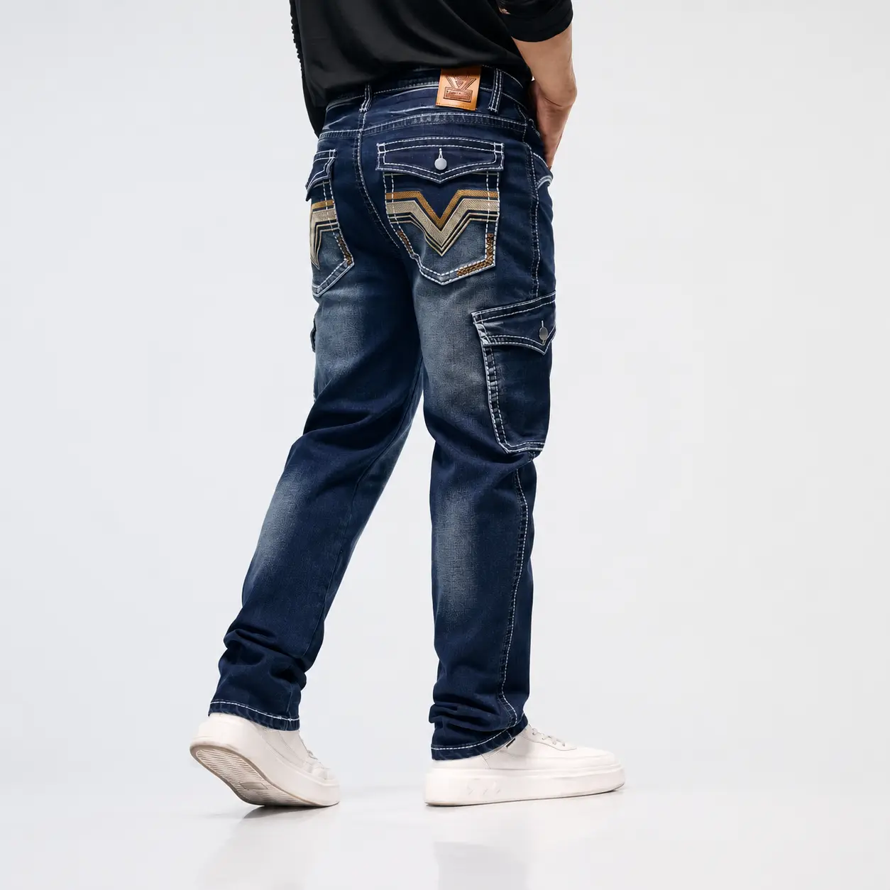 Men's Regular Straight Fit Denim Jeans - Classical, Comfortable Stretch, Vintage, Embroidered Dark Wash, Multi-Pocket, Retro Workwear Vibe, Fashion Casual Trousers, Machine Washable Father's Day Gift