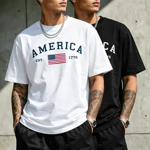 Men’s commemorative T-shirt for the 250th anniversary of American Independence Day, featuring a flag print, made from pure cotton with short sleeves. Comfortable fabric, regular fit with drop shoulders and a crew neck. Suitable for Independence Day–themed