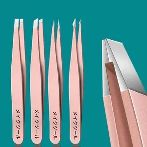 Stainless Steel Eyebrow Tweezers Set, 4 Pcs/Set Precision Slant-Tip, Angle-Tip and Pointed-Tip Tweezers for Eyebrow and Facial Hair Removal, Makeup Tool Eyebrow Styling Kit