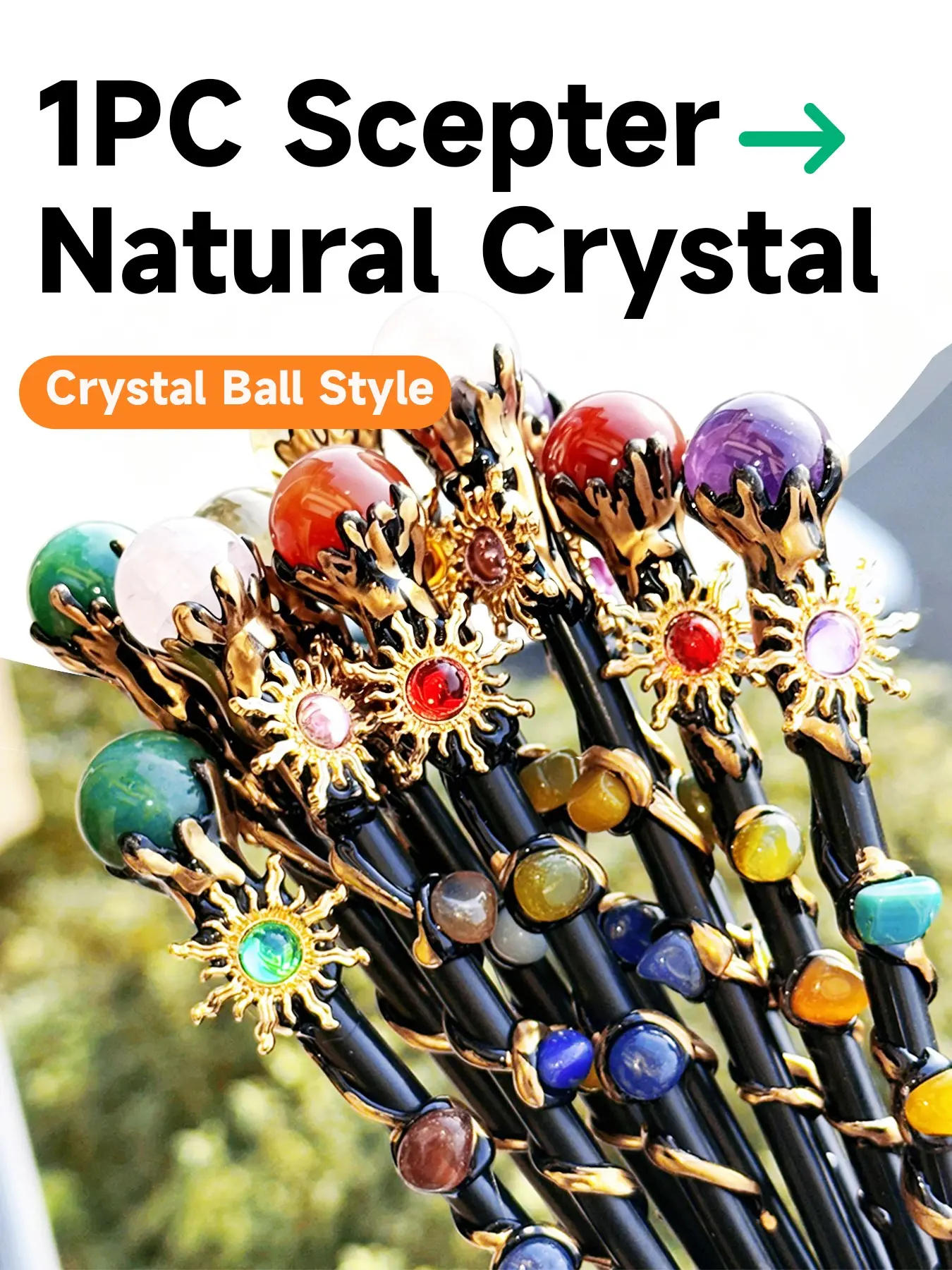 Natural Crystal Ball Wand, Gothic Magic Staff with Sun Symbol and Gemstone Decorations, Ideal for Role Play and Altar Decoration