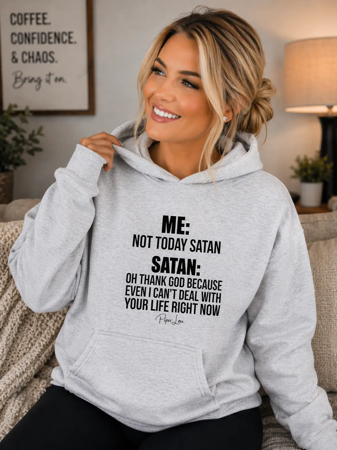 Women's Soft "Satan Oh Thank God" Graphic Hoodie, Reduced-Pilling Cotton-Polyester Pullover with Front Pouch Pocket, Sweatshirts, Tops