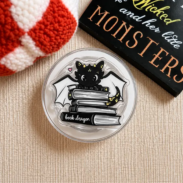 Book Dragon Reading Stack MagSafe Phone Grip, Cute Fantasy Little Dragon on Books PopSocket, Aesthetic BookTok Reader & Bookworm Phone Accessory
