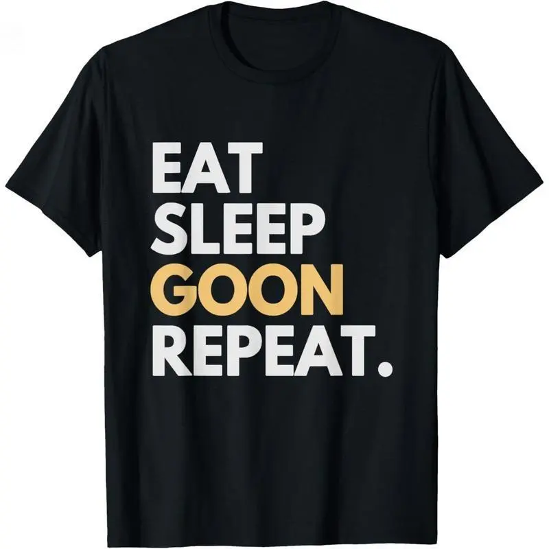 Women's Thick Preppy Retro Graphic Gooner Meme Eat Sleep Goon Repeat Round Neck Ribbed Cuff Shortsleeve T-Shirt - Made in USA, Ribbed Pure Cotton Fabric, Essential Casual Fashion Apparel, Everyday Streetwear Statement Piece, Comfortable Gift, Style