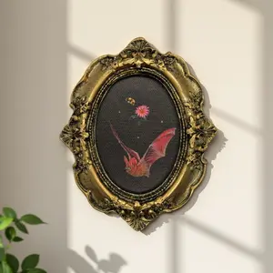 Mini Bat & Bee Artistic Canvas Painting, Baroque Victorian Frame, Mystical Art, Universal Setting, Decor, No Precious Metal Plating