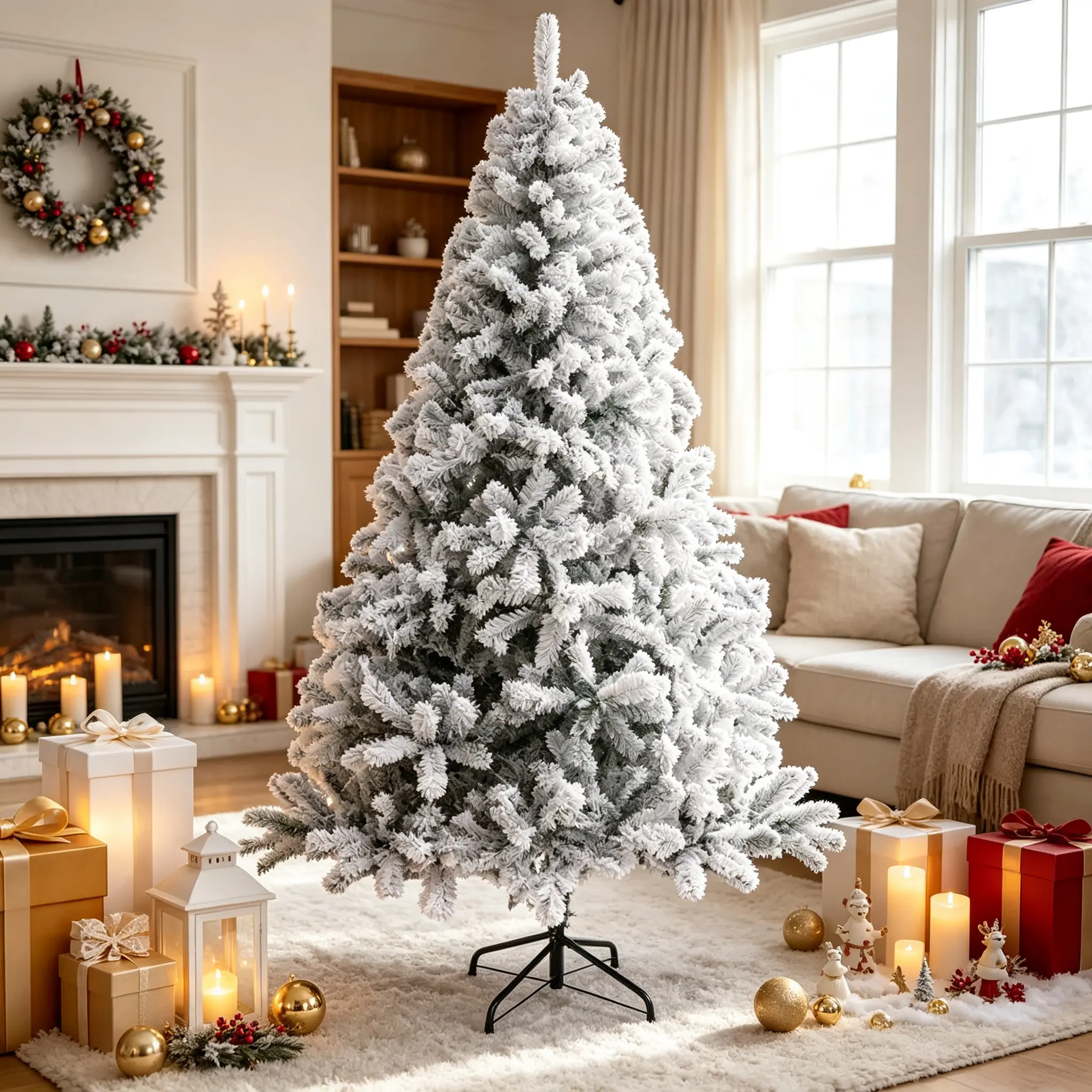 7ft White Flocked Fluffy Artificial Christmas Tree - 1000 Branches, Premium Metal Frame, Holiday Lights, Easy Assembly, Indoor Home Living Room Holiday Decoration (No Ornaments Included)
