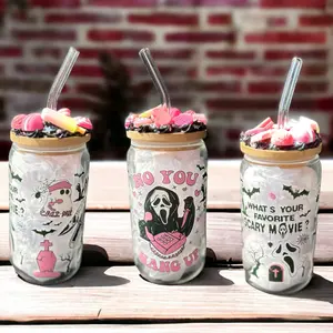 Glass Tumbler Glass Can Scary Movie Ghost Glass Cup 16oz Glass Decorated Bamboo Lid Gift for Scary Movie Fan Scream Horror Lover Spooky Drinkware