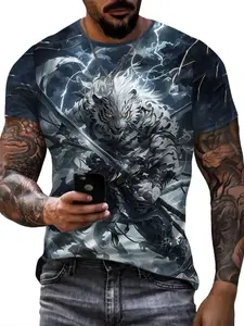 Men's Wolf Warrior Print T-Shirt, Round Neck, Soft Polyester Fabric, Breathable Summer Top, Casual & Formal Wear, Fitted, Minimalist Streetwear Style