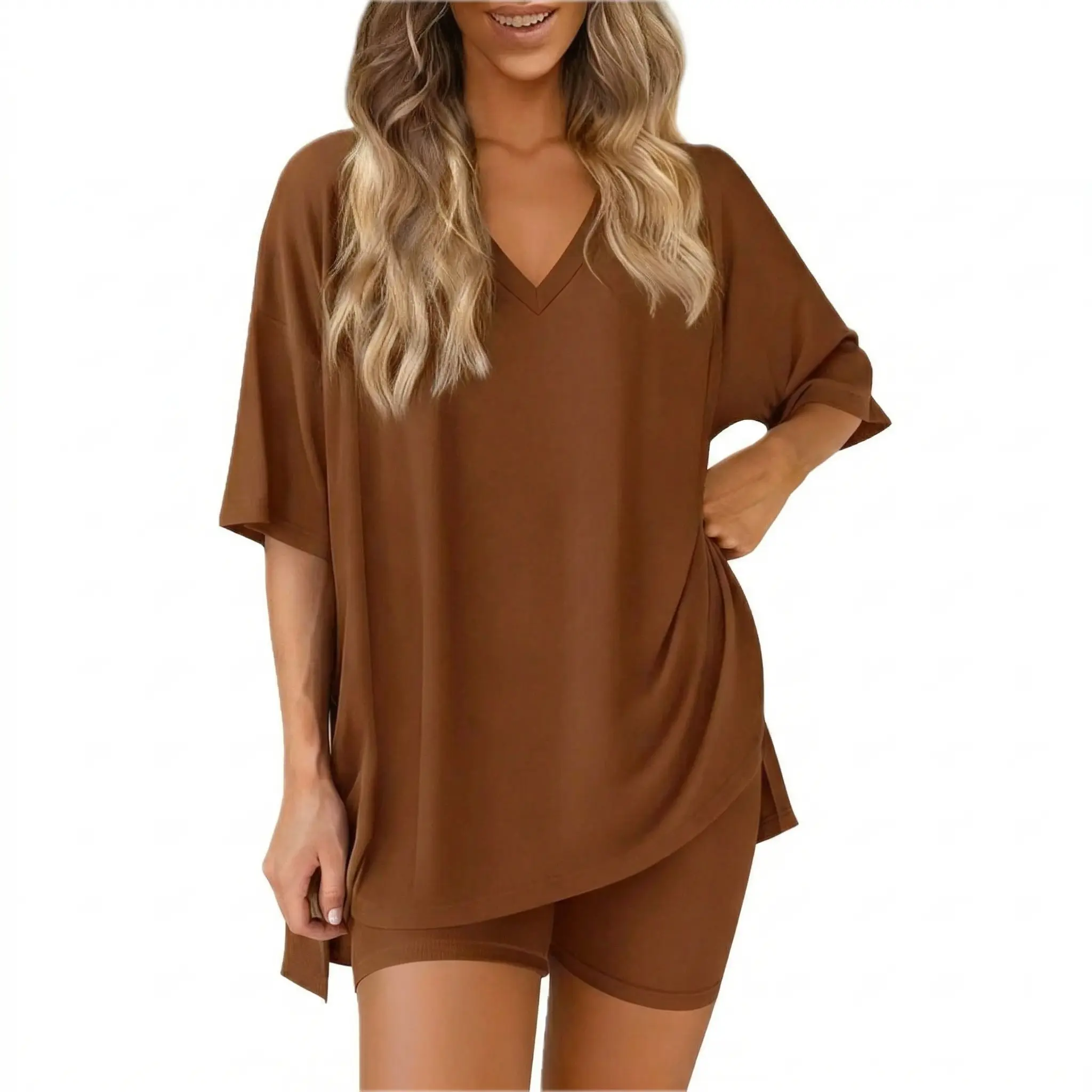 Women's 2 Piece Lounge Set Oversized V Neck Short Sleeve T-Shirt and Matching Shorts Casual Summer Sweatsuit Outfits