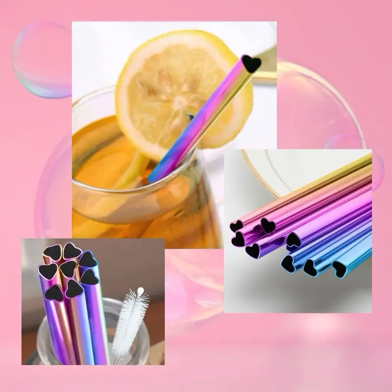 Stainless Steel Reusable Straws with Heart Tips Rainbow Colors Eco Friendly Drinking Straws for Smoothies and Beverages