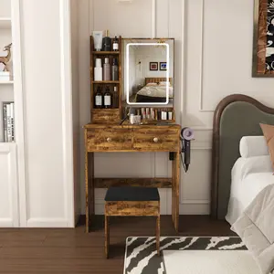Vanity Desk with LED Lighted Mirror, 3 Adjustable Lighting Modes, Built-in Power Outlet & Hair Dryer Holder, 3 Drawers & Open Shelves, Includes Stool for Small Bedrooms