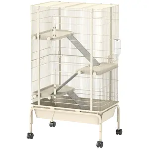 PawHut 47" Small Animal Cage, 4 Levels Large Rolling Metal Ferret Chinchilla Rabbit Cage with 5.9" Deep Tray, 3 Ramps, Water Bottle, Food Dish, for Syrian, Squirrel, Beige