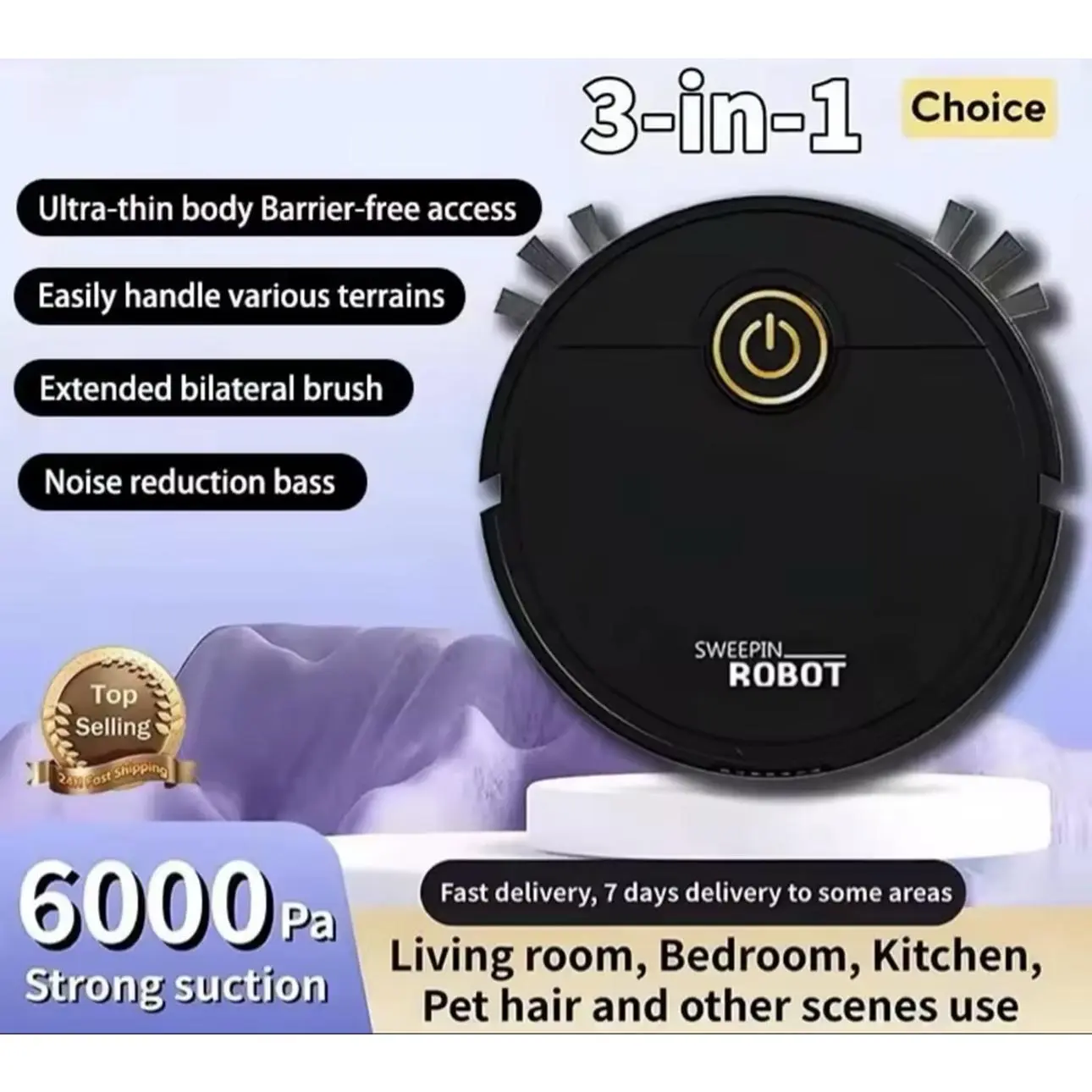 Sweeping robot Ultra-thin Body Barrier-free Access 6000Pa Strong Suction for Living Room Bedroom Kitchen Pet Hair