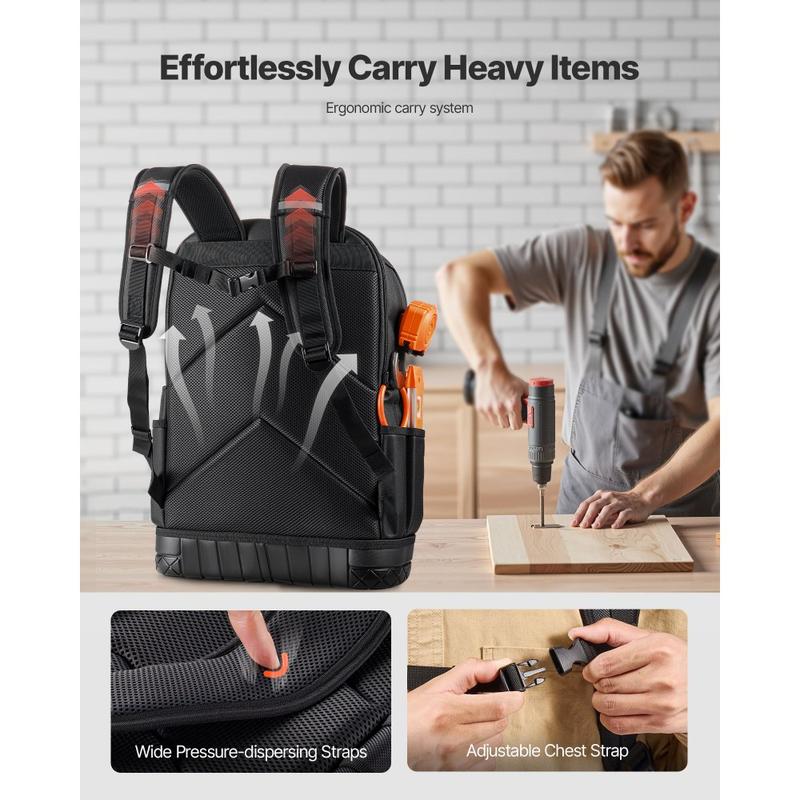 Heavy-Duty Tool Backpack with 65 Pockets: Storage Organizer Work Bag Featuring Laptop Compartment, Molded Base - Ideal for Electricians, Repairmen & HVAC Technicians