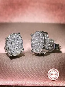 S925 Sterling Silver Oval Stud Earrings for Women & Men, Paved Micro-set Zirconia, Hypoallergenic CZ Earrings, Light Luxury Shiny Jewelry, Versatile for Weddings, Parties & Daily Wear