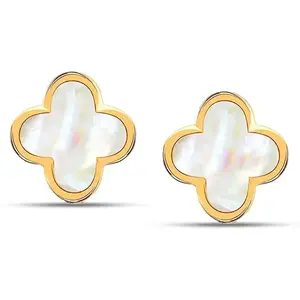 LeCalla 925 Sterling Silver Clover Stud Earrings For Women - 14K Gold-Plated Stud Earrings Jewelry | Mother of Pearl Clover Stud Earring | Small MOP Four Leaf Lucky Clovers Stud Earring for Women 10mm