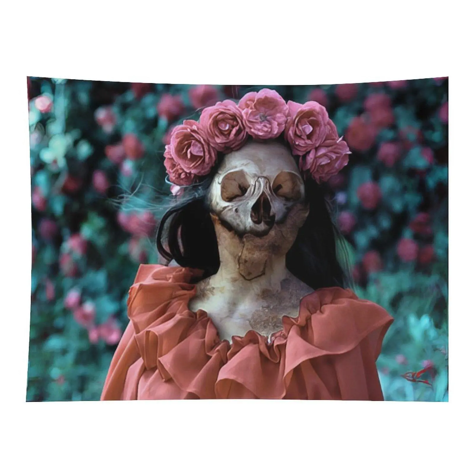Dark Gothic Skull Lady With Pink Rose Flower Crown Wall Tapestry Mysterious Rose Garden Art for Halloween Home Wall Decor