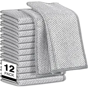 12-Pack Reusable Non-Scratch Wire Dishcloths - Double-Layer Kitchen Scrub Cloths for Pans & Dishes, Washable & Odor-Free Soft Brushed Microfiber Durable Easy Clean Cleaning