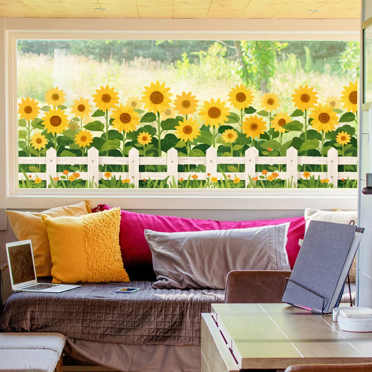A hand-painted sunflower flower creative static glass sticker for window decoration, double-sided visible sticker Decorative Decal D20558