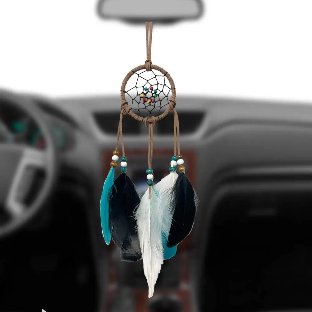 Handmade Indian Dream Catcher Car Hanger Ornament - Wooden Beads, Natural Feathers, Small Charms Pendant, Rearview Mirror Car Interior Accessory for Father's Day, Valentine's Day, Birthdays, Anniversaries, Good Luck Charm